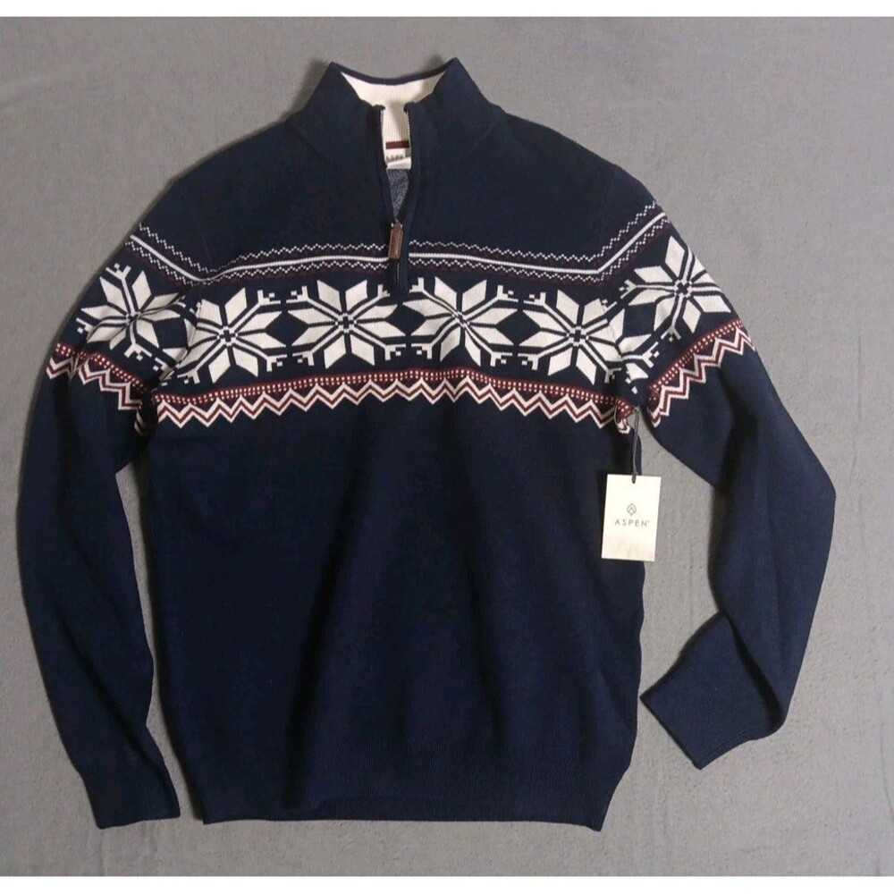 Aspen Long Sleeve Navy Quarter Zip Fair Isle Snowflake Sweater Cotton NWT Large